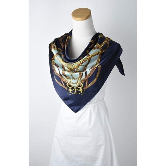 Corciova Square Stain Silk Like Hair Wrapping Scarves Night Head Scarf- 111 Navy - Picture 3 of 8